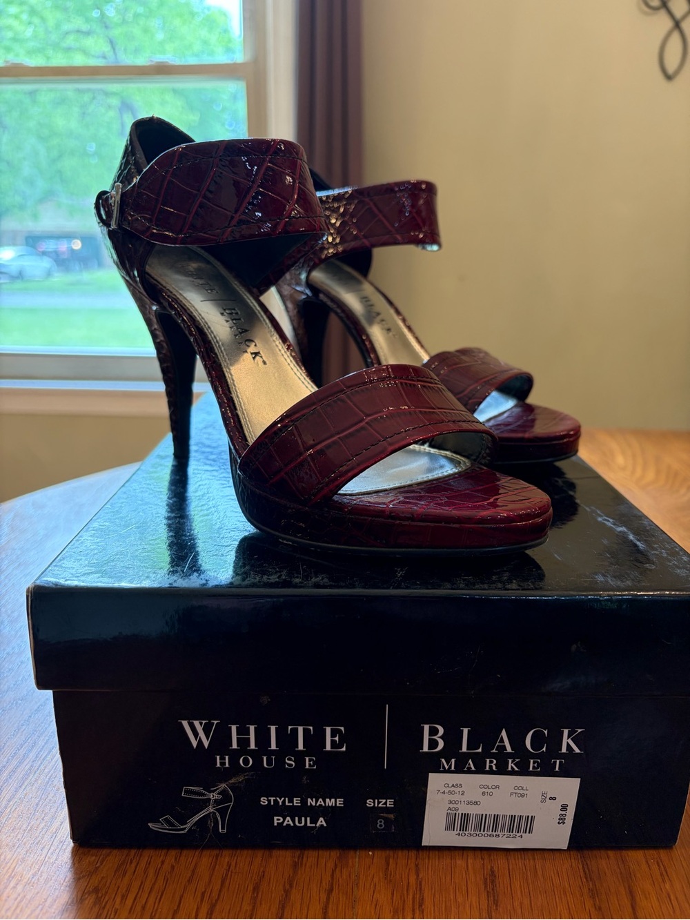 White House Black Market Burgundy Croc-Embossed Strappy High Heels